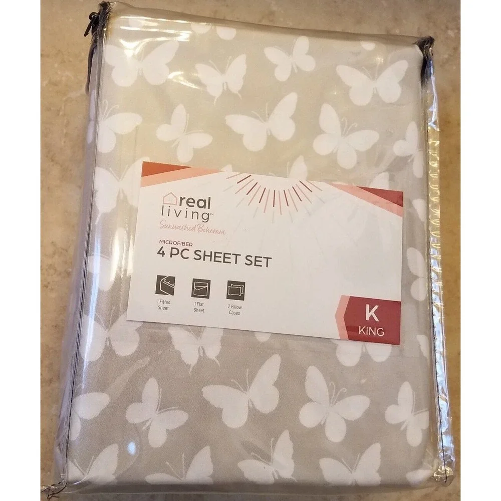 Real Living Sunwashed Bohemia 4pc KING Sheet Set Microfiber Soft Butterflies NEW